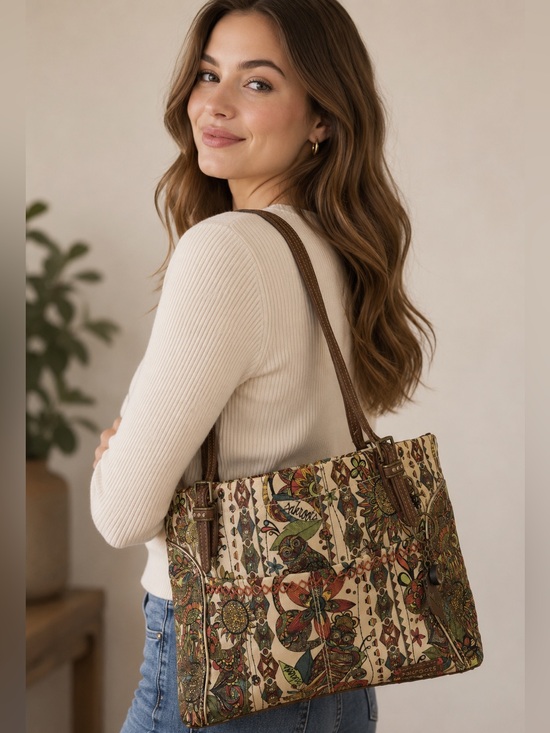 The Sak Handbags - Sakroots Bag Boho Clorful Fun Floral Cream Tote Bag with Brown Handles & charm